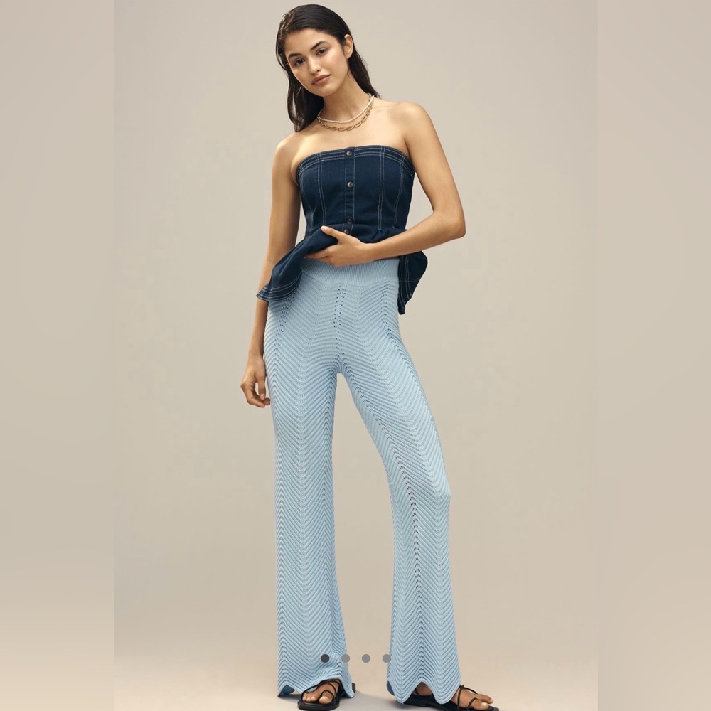 English Factory Light Blue Crochet Knit Wide-Leg Pants